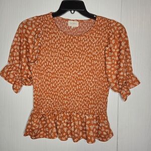 MELLODAY Rust Orange Floral Smocked Peplum Boho Puff Sleeves Blouse-Size S